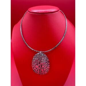 Modernist Sterling Silver Oval Circle Dots Pendant On Hammered Choker Necklace